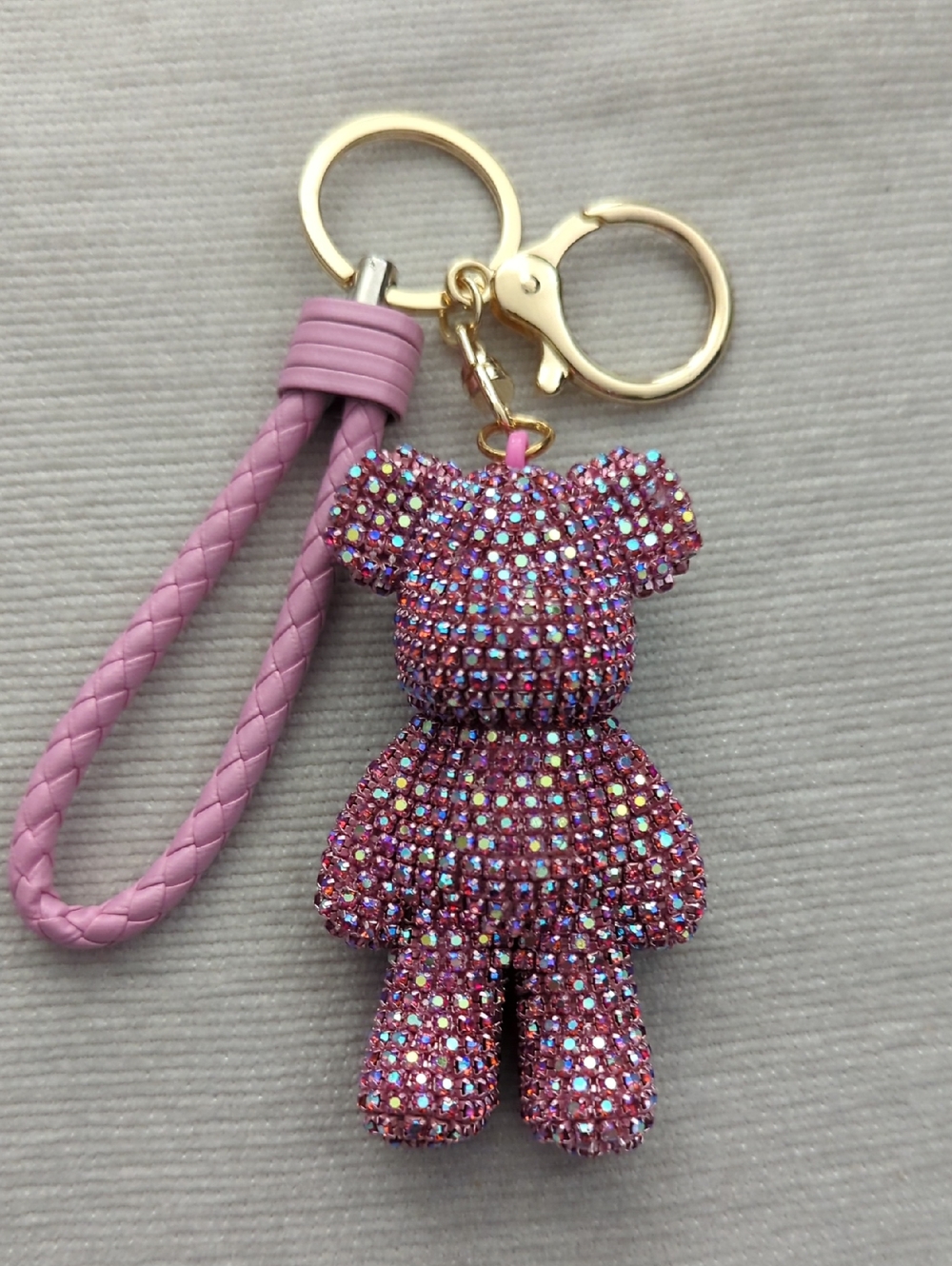 Pink Crystal Teddy Bear Keychain with Wrist Strap